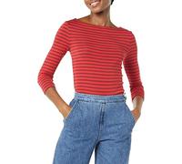 Amazon Essentials T-Shirt da Donna Slim Fit con Maniche a 3/4 Tinta Unita Scollo a Barchetta, Rosso Bordeaux a Righe, XS