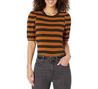 Amazon Essentials T-Shirt Girocollo a Maniche a Sbuffo, Vestibilità Classica Donna, Nero Marrone Riga Piazzata, XS
