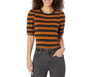 Amazon Essentials T-Shirt Girocollo a Maniche Corte a Sbuffo, vestibilità Classica Donna, Nero Marrone Riga Piazzata, XS