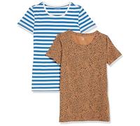 Amazon Essentials T-shirt girocollo a maniche corte da donna, vestibilità classica, confezione da 2, a righe blu/animali cammello, L