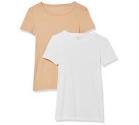 Amazon Essentials T-Shirt Girocollo a Maniche Corte Slim Donna, Pacco da 2, Bianco/Cammello Chiaro, XS