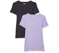 Amazon Essentials T-Shirt Girocollo a Maniche Corte Slim Donna, Pacco da 2, Nero/Lavanda, S