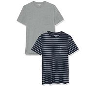Amazon Essentials T-Shirt Girocollo con Tasca a Maniche Corte Uomo, Pacco da 2, Blu Marino Righe/Grigio Puntinato, L
