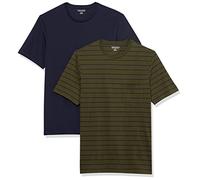 Amazon Essentials T-Shirt Girocollo con Tasca a Maniche Corte Uomo, Pacco da 2, Blu Marino/Verde Oliva/Righe, XXL