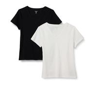 Amazon Essentials T-Shirt Scollo a V a Maniche Corte 100% Cotone Vestibilità Classica Donna, Pacco da 2, Bianco/Nero, L