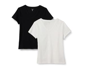 Amazon Essentials T-Shirt Scollo a V a Maniche Corte 100% Cotone Vestibilità Classica Donna, Pacco da 2, Bianco/Nero, M