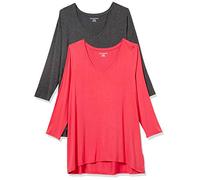 Amazon Essentials T-Shirt Swing con Maniche a 3/4 e Scollo a v (Taglie Forti Disponibili) Donna, Pacco da 2, Carbone Puntinato/Rosso, XL