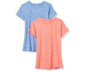 Amazon Essentials T-Shirt Tecnica Girocollo Elasticizzata Asciugatura Rapida (Anche in Taglie Forti) Donna, Pacco da 2, Arancio Corallo Tintura Policromatica/Blu Chiaro Tintura Policromatica, XXL