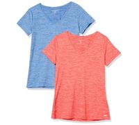 Amazon Essentials T-Shirt Tecnica Scollo V Elasticizzata Asciugatura Rapida (Anche in Taglie Forti) Donna, Pacco da 2, Arancio Corallo Tintura Policromatica/Blu Chiaro Tintura Policromatica, S