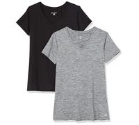 Amazon Essentials T-Shirt Tecnica Scollo V Elasticizzata Asciugatura Rapida (Anche in Taglie Forti) Donna, Pacco da 2, Grigio Scuro Tintura Policromatica/Nero, M
