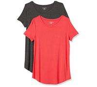 Amazon Essentials Tunica con Scollo Rotondo a Maniche Corte Donna, Pacco da 2, Carbone Puntinato/Rosso, XS