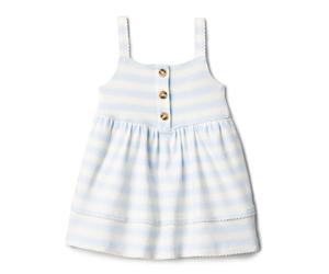 Amazon Essentials x Sofia Grainge Abito Casual in Cotone, Aderente in Vita con Gonna Ampia Bimba 0-24, Celeste A Strisce Larghe, 2 anni