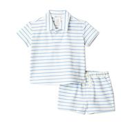 Amazon Essentials x Sofia Grainge Set da Gioco con Maglietta a Maniche Corte e Pantaloncini in Cotone Piqué Bambino, Striscia Sottile Irregolare Blu, 4 anni