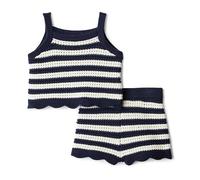 Amazon Essentials x Sofia Grainge Set Maglie e Canotte in Cotone Lavorato all'Uncinetto, Collezione Mommy & Me Bimba 0-24, Avorio Blu Marino A Righe Stile Polo, 3-6 mesi