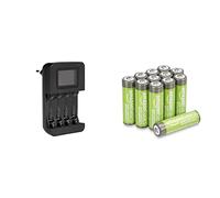 AmazonBasics Batterie AA ricaricabili, ad alta capacità, 2400 mAh (confezione da 12), pre-caricate & Caricabatteria digitale intelligente, per 4 batterie AA, AAA