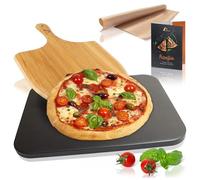 Amazy Pietra refrattaria per pizza da forno, incl. Pala, Carta da forno riutilizzabile e Ricettario -Pietra pizza dal sapore italiano (38x30x1,5cm) (Nero + pala per pizza in bambù)