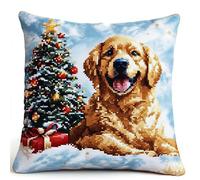 AMBATTERY Cuscino da Ricamare Punto Croce, Albero di Natale e cane Kit Punto Croce da Ricamare 45x45cm Cuscino Ricamato a Mano con Punto Croce Set Fai da te per Principianti
