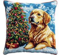 AMBATTERY Cuscino Punto Croce, Albero di Natale e cane Punto Croce Kit da Ricamare Prestampato 45x45cm Cuscino Ricamato a Mano con Punto Croce Set Fai da te per Principianti