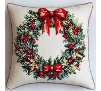 AMBATTERY Kit Cuscino Punto Croce Prestampato, Ghirlanda di Natale Kit per Cuscino Ricamato 45X45cm Cuscino da Tiro Fai da Te Ricamato Kit per Ricamo Completi Decorativo Casa