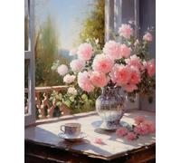 AMBATTERY Kit Punto Croce, Rose di pittura a olio in vaso, O, 40 * 50 cm Punto Croce Kit da Ricamare, Kit Punto Croce Prestampato Completo Stampati Schemi per Principianti Kit Ricamo Ricami