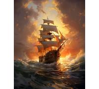 AMBATTERY Kit Punto Croce, Veliero che naviga sul mare, F, 50 * 70 cm Set Ricamo Punto Croce Kit da Ricamare Principianti Starter Prestampato Stampato Completo Cross Stitch Embroidery Ricami