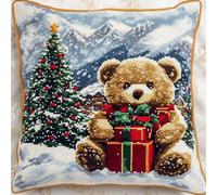 AMBATTERY Punto Croce da Ricamare Cuscino, Albero di Natale e orso in inverno Ricamo Cuscino Punto Croce per Principianti 45x45cm Cuscino Ricamato a Mano con Punto Croce Set Fai da te