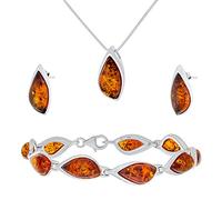 AMBEDORA Amber 846S Mod.02 - Set di gioielli da donna, in argento sterling lucido, ambra color cognac, bracciale in argento, collana e orecchini