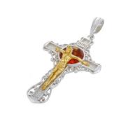 AMBEDORA Ciondolo a forma di croce in argento Sterling 925 con ambra - Crocifisso con figura di Cristo placcato oro - ambra baltica naturale cognac - regalo religioso