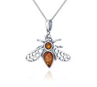 AMBEDORA Collana da donna Ape 2 con ambra, in argento sterling ossidato, ambra baltica color cognac, ciondolo in argento con catena, Argento sterling, Ambra