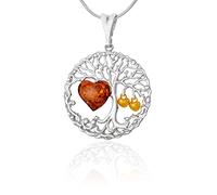 AMBEDORA Collana da donna, argento 925, argento dorato 14k, cuore in ambra baltica, ciondolo albero della vita celtico con cuore in ambra su catena a serpente, set pronto per un regalo