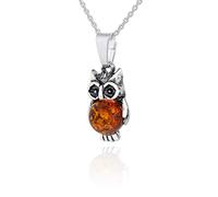 AMBEDORA Collana da donna con ambra baltica color cognac, argento 925 ossidato, ciondolo XVI Gufo piccolo con catena, Set regalo