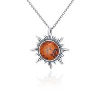 AMBEDORA Collana da donna con ciondolo a forma di sole, in argento Sterling ossidato, con ambra baltica rotonda, color cognac, con catenina