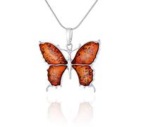 AMBEDORA Collana da donna con farfalle mod.02, in argento sterling 925, farfalla in ambra baltica intagliata in colore cognac, ciondolo a farfalla con catena, set regalo da donna