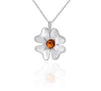 AMBEDORA Collana da Donna con Quadrifoglio, Argento Sterling Lucidato, Ambra Baltica Color Cognac, Ciondolo con Catena, Regalo Per sé, Per la Famiglia e Per Gli Amici
