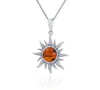 AMBEDORA Collana da donna con sole mod.03 con ambra, argento sterling ossidato, ambra baltica rotonda in colore cognac, ciondolo in argento con catena