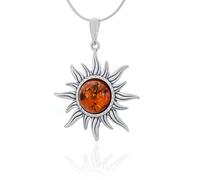 AMBEDORA Collana da donna con sole mod.03 L con ambra, argento sterling ossidato, ambra baltica rotonda in colore cognac, ciondolo in argento con catena
