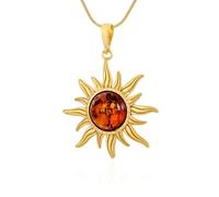 AMBEDORA Collana da donna con sole mod.03 L con ambra, argento sterling placcato oro, ambra baltica rotonda, colore cognac, ciondolo placcato oro con catena