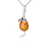 AMBEDORA Collana da donna con topo, in argento Sterling ossidato, ambra baltica color cognac, ciondolo in argento con catena, Argento sterling, Ambra