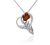 AMBEDORA Collana da Donna Cuore con Rosa, Argento Sterling Ossidato, Rosa Intagliata a Mano in Ambra Baltica, Ciondolo in Argento su Catena con Incisione