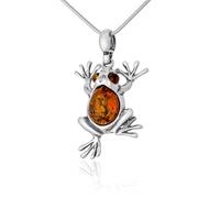 AMBEDORA Collana da donna Frog I, argento sterling ossidato, ambra baltica naturale color cognac, ciondolo in argento con catena
