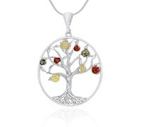 AMBEDORA Collana da donna grande in argento Sterling con albero della vita, mod.07 con ambra, argento sterling lucido, ambra baltica colorata, ciondolo in argento su catena