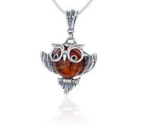 AMBEDORA Collana da Donna Gufo Saggio con Ambra, Argento Sterling Ossidato, Ambra Baltica Color Cognac, Ciondolo in Argento con Catena