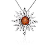 AMBEDORA, Collana da donna in ambra baltica, argento 925 ossidato, ciondolo celtico del sole e della luna su catena, set regalo