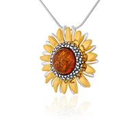AMBEDORA Collana da donna in argento 925 argento ossidato dorato 14k ambra baltica rotonda in color cognac ciondolo girasole su una catena a serpente pronto per un regalo