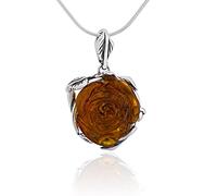 AMBEDORA Collana da donna in argento 925 ossidato, rosa d'ambra intagliata a mano, ciondolo di rosa d'ambra mod. 60 su catena Snake