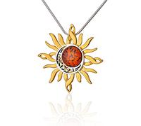 AMBEDORA Collana da donna in argento sterling placcato oro 14 k, ambra baltica rotonda, sole celtico e luna ciondolo a catena a serpente, Argento sterling, Ambra