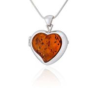 AMBEDORA Collana da Donna, Medaglione, Argento Lucidato, Cuore D'ambra Color Cognac, Ciondolo Segreto D'argento con Catena