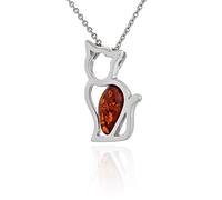 AMBEDORA, Collana da Donna Origami Cat, Argento Placcato Platino, Ambra Naturale Baltica Color Cognac, Ciondolo Placcato Platino con Catenella