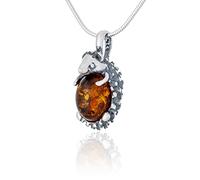 AMBEDORA Collana da Donna Riccio con Ambra, Argento Sterling Ossidato, Ambra Baltica Color Cognac, Ciondolo in Argento con Catena