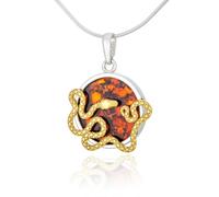 AMBEDORA Collana da donna rotonda con serpente dorato, in argento sterling lucido, ambra baltica color cognac, Argento sterling, Ambra